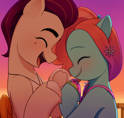 Size: 3150x3000 | Tagged: safe, artist:maren, jazz hooves, rocky riff, earth pony, pegasus, pony, g5, jazz hearts rocky, my little pony: tell your tale, spoiler:g5, spoiler:my little pony: tell your tale, spoiler:tyts02e04, cute, duo, duo male and female, eyebrows, eyes closed, female, folded wings, grin, happy, high res, jazzibetes, male, mare, open mouth, open smile, rockybetes, ship:rockjazz, shipping, smiling, stallion, straight, sunset, wings