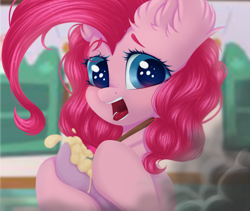 Size: 1647x1391 | Tagged: safe, artist:lony, pinkie pie, earth pony, pony, g4, baking, batter, bowl, bust, cooking, distressed, ear fluff, female, food, hoof hold, indoors, kitchen, looking at you, mare, open mouth, smoke, solo, three quarter view, wooden spoon