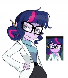 Size: 1340x1530 | Tagged: safe, artist:cheesesauce_45, sci-twi, twilight sparkle, human, equestria girls, g4, clothes, female, grin, hair bun, hand on hip, lab coat, lidded eyes, nerd, screencap reference, simple background, smiling, solo, white background