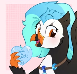 Size: 2048x1966 | Tagged: safe, artist:slushpony, oc, oc only, oc:icebeak, classical hippogriff, hippogriff, puffin, bust, heart, holding, holiday, jewelry, looking at you, necklace, pun, text, valentine, valentine's day