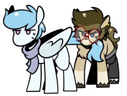 Size: 1204x912 | Tagged: safe, artist:lrusu, oc, oc only, oc:file folder, oc:paladin, earth pony, pegasus, biting, clothes, collar, commission, gay, glasses, leg warmers, male, scarf, simple background, stallion, tail, tail bite, transparent background, ych result