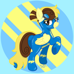 Size: 3072x3072 | Tagged: safe, artist:twiny dust, oc, oc only, oc:countess sweet bun, pegasus, pony, brown eyes, brown mane, butt, circle background, clothes, cute, daaaaaaaaaaaw, digital art, female, flank, frog (hoof), gift art, goggles, hair bun, looking at you, looking back, looking back at you, mare, phone drawing, plot, scar, signature, smiling, smiling at you, solo, striped background, two toned mane, underhoof, uniform, wonderbolts uniform, yellow coat, yellow mane