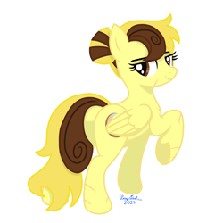 Size: 3072x3072 | Tagged: safe, artist:twiny dust, oc, oc only, oc:countess sweet bun, pegasus, bedroom eyes, brown eyes, brown mane, butt, cute, digital art, female, flank, gift art, hair bun, looking at you, looking back, looking back at you, mare, ocbetes, pegasus oc, phone drawing, plot, shading, signature, simple background, smiling, solo, white background, yellow coat, yellow mane
