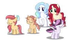 Size: 3012x1610 | Tagged: safe, artist:wonnie-honey-bee, oc, oc only, oc:cloudburst, oc:echo (wonnie-honey-bee), oc:goldie delicious, oc:magnolia, oc:zelda, earth pony, pegasus, pony, unicorn, base used, bow, earth pony oc, eyes closed, female, filly, foal, frown, hair bow, horn, mare, next generation, offspring, parent:apple bloom, parent:big macintosh, parent:fluttershy, parent:rainbow dash, parent:rumble, parent:scootaloo, parent:soarin', parent:tender taps, parents:fluttermac, parents:rumbloo, parents:soarindash, parents:tenderbloom, pegasus oc, pouting, simple background, transparent background, unicorn oc, worried
