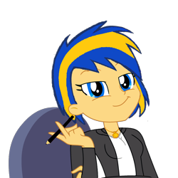 Size: 1316x1316 | Tagged: safe, artist:mlpfan3991, oc, oc only, oc:flare spark, human, equestria girls, g4, chair, female, pencil, simple background, smiling, smug, smug smile, solo, transparent background