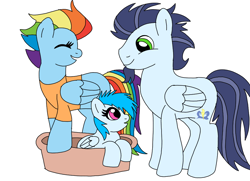 Size: 992x720 | Tagged: safe, artist:dasher666, rainbow dash, soarin', oc, oc:river, pegasus, pony, g4, the last problem, female, filly, foal, male, mare, offspring, older, older rainbow dash, older soarin', older soarindash, parent:rainbow dash, parent:soarin', parents:soarindash, ship:soarindash, shipping, simple background, stallion, straight, white background