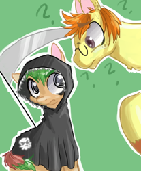Size: 500x604 | Tagged: safe, artist:frostedminispooner, oc, oc only, oc:grim, oc:nursery rhyme, earth pony, pony, ask nursery rhyme, clothes, costume, green background, male, nightmare night costume, scythe, simple background, stallion