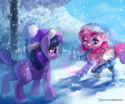 Size: 2000x1666 | Tagged: safe, artist:caddea, pinkie pie, twilight sparkle, earth pony, pony, unicorn, g4, clothes, duo, duo female, female, hat, horn, magic, mare, one eye closed, open mouth, open smile, outdoors, scarf, smiling, snow, snowball, snowfall, socks, striped scarf, striped socks, telekinesis, tree, unicorn twilight, winter, winter hat