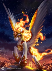 Size: 2976x4096 | Tagged: safe, artist:caddea, daybreaker, alicorn, pony, g4, antagonist, armor, cloud, crown, digital art, ethereal mane, ethereal tail, eyelashes, eyeshadow, feather, female, flowing mane, flowing tail, gem, helmet, high res, hoof shoes, jewelry, lidded eyes, looking at you, majestic, makeup, mane of fire, mare, missing horn, night, peytral, princess shoes, regalia, signature, sky, smiling, smiling at you, snow, solo, spread wings, stars, sunset, tail, tail of fire, villainess, wing armor, wings, yellow eyes