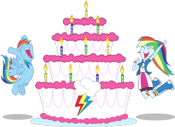 Size: 5530x4000 | Tagged: safe, artist:octosquish7260, rainbow dash, human, pegasus, pony, equestria girls, g4, birthday, birthday cake, cake, female, food, giant food, jumping, open mouth, rainbow dash day, simple background, solo, transparent background