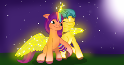 Size: 748x396 | Tagged: safe, artist:artsmlpgen5, hitch trailblazer, sunny starscout, alicorn, earth pony, pony, g5, alicornified, artificial horn, artificial wings, augmented, duo, duo male and female, eyes closed, female, grass, hug, male, mane stripe sunny, moon, night, race swap, ship:starblazer, shipping, stallion, straight, sunnycorn, unshorn fetlocks, winghug, wings