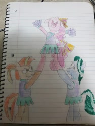 Size: 756x1008 | Tagged: safe, artist:batman714, lighthoof, pinkie pie, shimmy shake, earth pony, pony, g4, cheerleader, cheerleader outfit, cheerleader pinkie, clothes, colored, drawing, female, lined paper, traditional art