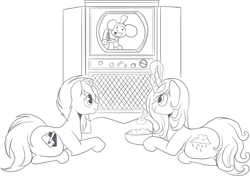 Size: 1474x1035 | Tagged: safe, artist:nauyaco, oc, oc only, pony, unicorn, lying down, magic, male, mickey mouse, monochrome, prone, simple background, stallion, steamboat willie, television, white background