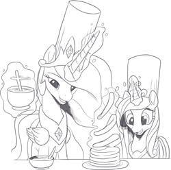 Size: 1018x1010 | Tagged: safe, artist:nauyaco, princess cadance, princess celestia, alicorn, pony, g4, chef's hat, food, hat, magic, monochrome, pancakes, simple background, white background