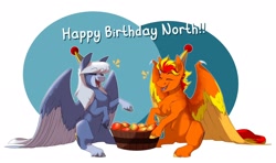 Size: 2048x1216 | Tagged: safe, artist:parrpitched, oc, oc only, oc:fireheart(fire), oc:north star, bat pony, hybrid, pegabat, pegasus, pony, cute, duo, food, happy birthday, hat, herbivore, mango, party hat, pegasus oc, prisoners of the moon, simple background, white background, wholesome