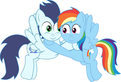 Size: 749x508 | Tagged: safe, artist:roman-santos, rainbow dash, soarin', pegasus, pony, g4, female, flying, hug, male, mare, ship:soarindash, shipping, simple background, stallion, straight, transparent background