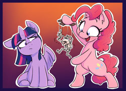 Size: 856x623 | Tagged: safe, artist:shoutingisfun, pinkie pie, twilight sparkle, oc, oc:anon, alicorn, earth pony, pony, g4, bipedal, bone, both cutie marks, duo, duo female, female, gradient background, halloween, holiday, hoof hold, horn, implied anon, looking sideways, mare, marionette, one wing out, open mouth, open smile, puppet, puppet strings, sitting, skeleton, smiling, tail, twilight sparkle (alicorn), wings