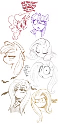 Size: 745x1586 | Tagged: safe, artist:shoutingisfun, applejack, fluttershy, pinkie pie, twilight sparkle, bat, earth pony, pegasus, pony, unicorn, g4, aghast, applejack's hat, clothes, cowboy hat, ear piercing, eyes closed, female, fluttergoth, freckles, hat, lidded eyes, limited palette, looking at you, looking sideways, mare, onomatopoeia, open mouth, piercing, sketch, sketch dump, sleeping, sound effects, tail, talking to viewer, threat, wide eyes, zzz