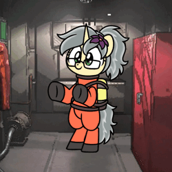 Size: 600x600 | Tagged: safe, artist:sugar morning, oc, oc only, oc:mercury shine, pony, unicorn, animated, bipedal, clothes, commission, dancing, flower, flower in hair, glasses, hazmat suit, lethal company, solo, ych result