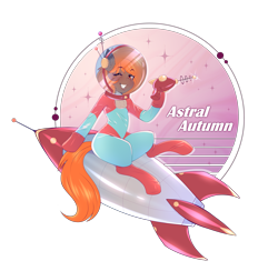 Size: 5541x5402 | Tagged: safe, artist:twisoft, oc, oc only, oc:autumn breeze, earth pony, pony, 50s, 60s, astral, female, human shoulders, latex, latex suit, logo, mare, pinup, ray gun, raygun, retro, retro futuristic, retrowave, rocket, science fiction, simple background, solo, spacesuit, stars, transparent background