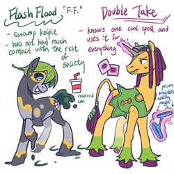 Size: 1773x1773 | Tagged: safe, artist:regularcitrus, kelpie, pony, unicorn, mlp x jojo, alternate name, alternate universe, anime, crossover, dreadlocks, duo, ermes costello, foo fighters, jojo's bizarre adventure, long description, ponified, simple background, stone ocean, unshorn fetlocks, white background