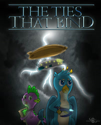Size: 827x1026 | Tagged: safe, artist:scyphi, gallus, spike, dragon, griffon, fanfic:the ties that bind, g4, airship, cover art, crossbow, fanfic, fanfic art, fanfic cover, lightning, mystery, storm, weapon