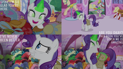 Size: 2000x1125 | Tagged: safe, edit, edited screencap, editor:quoterific, screencap, rarity, spike, dragon, pony, unicorn, g4, inspiration manifestation, season 4, bag, book, carousel boutique, crazy face, duo, duo male and female, eyeshadow, faic, female, glowing, glowing eyes, green eyes, grin, insanity, inspirarity, makeup, male, mannequin, mare, messy, messy mane, messy tail, possessed, saddle bag, smiling, spellbook, tail