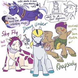 Size: 2048x2048 | Tagged: safe, artist:regularcitrus, alicorn, cow, cow pony, earth pony, pegasus, pony, mlp x jojo, g4, alternate name, alternate universe, anime, crossover, donatello versus, enrico pucci, jojo's bizarre adventure, long description, ponified, race swap, rikiel, simple background, stone ocean, ungalo, white background