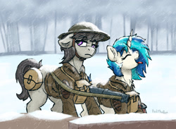 Size: 2492x1824 | Tagged: safe, artist:reddthebat, dj pon-3, octavia melody, vinyl scratch, earth pony, pony, unicorn, redd's great war universe, g4, canteen, catching snowflakes, clothes, duo, eyes closed, female, floppy ears, frown, helmet, lewis gun, looking around, mare, military uniform, missing accessory, no glasses, open mouth, signature, snow, snowfall, soldier pony, tongue out, uniform, world war i