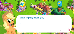 Size: 1283x599 | Tagged: safe, gameloft, applejack, bon bon, pinkie pie, sweetie drops, earth pony, pony, g4, 3d, dialogue, female, friendship express, game screencap, locomotive, looking at you, mare, nobody cares, smiling, solo, speech bubble, steam locomotive, train