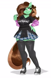 Size: 2673x4096 | Tagged: safe, artist:flutterthrash, oc, oc only, earth pony, anthro, plantigrade anthro, breasts, busty oc, clothes, commission, female, hand on hip, lidded eyes, mare, plaid skirt, shoes, simple background, skirt, smiling, sneakers, solo, stockings, thigh highs, white background