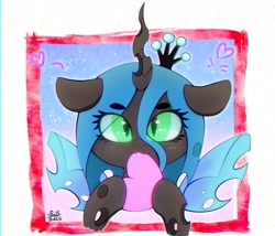 Size: 3500x3000 | Tagged: safe, artist:zokkili, queen chrysalis, changeling, changeling queen, g4, beanbrows, chibi, crown, cute, cutealis, eye clipping through hair, eyebrows, eyebrows visible through hair, female, floppy ears, heart, hoof hold, horn, jewelry, looking at you, misleading thumbnail, nom, not a penis, regalia, slit pupils, solo, spread wings, wings