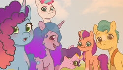 Size: 3280x1880 | Tagged: safe, artist:starburstuwu, hitch trailblazer, izzy moonbow, misty brightdawn, pipp petals, sunny starscout, zipp storm, earth pony, pegasus, pony, unicorn, g5, my little pony: make your mark, my little pony: make your mark chapter 6, secrets of starlight, :o, adorapipp, adorazipp, butt, crown, cute, female, hitchbetes, horn, izzybetes, jewelry, looking at you, looking back, male, mane five, mane six (g5), mane stripe sunny, mare, mistybetes, offscreen character, open mouth, outdoors, plot, pov, rebirth misty, regalia, scene interpretation, sky, smiling, smiling at you, stallion, sunnybetes