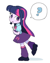 Size: 714x896 | Tagged: safe, artist:cheesesauce_45, twilight sparkle, human, equestria girls, g4, blush sticker, blushing, book, female, looking at you, looking back, looking back at you, open mouth, open smile, question mark, simple background, smiling, solo, speech bubble, standing, standing on one leg, white background