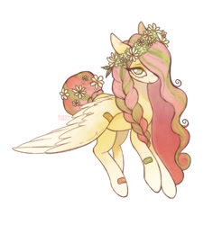 Size: 855x904 | Tagged: safe, artist:anemonaii, fluttershy, pegasus, pony, g4, alternate color palette, alternate design, alternate hairstyle, alternate tailstyle, bandaid, braid, braided ponytail, braided tail, coat markings, colored eartips, colored wings, eye clipping through hair, eyebrows, eyebrows visible through hair, eyelashes, facial markings, female, floppy ears, floral head wreath, flower, flower in hair, flower in tail, green eyes, hair over one eye, looking at you, mare, ponytail, redesign, signature, simple background, smiling, smiling at you, socks (coat markings), solo, stripe (coat marking), tail, tied tail, two toned hair, two toned tail, two toned wings, wavy mane, white background, wings, wings down