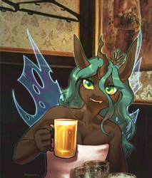 Size: 4259x5000 | Tagged: safe, artist:helemaranth, queen chrysalis, changeling, changeling queen, anthro, g4, absurd resolution, alcohol, beer, breasts, cleavage, eyelashes, fangs, female, green eyes, insect wings, long ears, looking at you, meme, nail polish, nails, ponified meme, real life background, signature, smiling, smiling at you, solo, towel, wavy hair, wings