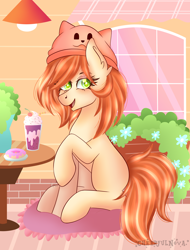 Size: 2340x3080 | Tagged: safe, artist:cheerful_nova, oc, earth pony, pony, art trade, clothes, coffee shop, cute, donut, female, flower, food, frappuccino, full body, hat, smiling, solo