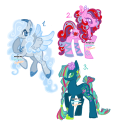 Size: 1280x1354 | Tagged: safe, artist:eyerealm, artist:junglicious64, oc, oc only, oc:hummingbird, oc:raincloud, oc:rose, butterfly, earth pony, pegasus, pony, adoptable, ballet slippers, blue eyes, blue mane, blue tail, blushing, braid, braided tail, clothes, coat markings, colored eyelashes, colored hooves, colored wings, colored wingtips, curly mane, curly tail, cutie mark, ear piercing, earring, eyelashes, flower, flower in hair, flying, frown, green eyes, hair over one eye, headband, jewelry, multicolored mane, multicolored tail, necklace, no mouth, piercing, pink eyes, raised hoof, shoes, signature, simple background, smiling, spread wings, standing, staring at you, tail, trio, two toned wings, white background, wingding eyes, wings