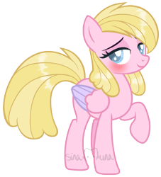 Size: 1293x1422 | Tagged: safe, artist:sinamuna, oc, oc only, oc:daffodil sky, pegasus, pony, au:equuis, base used, blonde hair, blue eyes, blushing, redesign, simple background, smiling, solo, transparent background