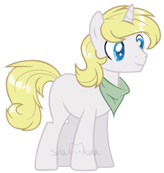 Size: 1349x1425 | Tagged: safe, artist:sinamuna, oc, oc only, oc:flurry canvas, pony, unicorn, au:equuis, bandana, base used, blonde hair, blue eyes, male, redesign, smiling, solo, stallion