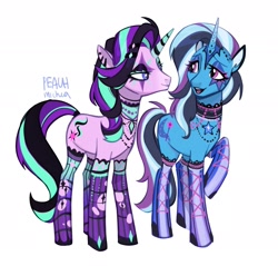 Size: 2107x2018 | Tagged: safe, artist:peachmichea, starlight glimmer, trixie, pony, unicorn, g4, black eyeshadow, blue eyeshadow, choker, clothes, duo, duo female, eyeshadow, female, horn, jewelry, lidded eyes, looking at each other, looking at someone, makeup, mare, necklace, open mouth, open smile, ponymania, raised hoof, simple background, smiling, standing, stockings, striped horn, thigh highs, white background