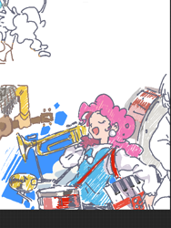 Size: 1536x2048 | Tagged: safe, artist:xiaowangzidemianyang, pinkie pie, human, equestria girls, g4, drums, humanized, musical instrument, open mouth, open smile, simple background, smiling, solo, trumpet, white background