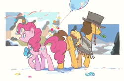 Size: 1829x1200 | Tagged: safe, artist:xiaowangzidemianyang, cheese sandwich, pinkie pie, earth pony, pony, g4, balloon, butt, duo, female, hat, male, mare, plot, smiling, stallion