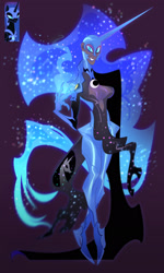 Size: 1229x2048 | Tagged: safe, artist:lizkaintrash, nightmare moon, human, g4, armor, blue eyes, blue sclera, clothes, colored sclera, gloves, glowing, glowing hair, helmet, horn, horned humanization, humanized, long horn, looking at you, magic, purple background, simple background, smiling, smiling at you, sparkles, starry hair, stars