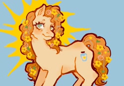 Size: 2048x1430 | Tagged: safe, artist:stellarphileistic, pear butter, earth pony, pony, g4, blue background, blue eyes, blushing, chest fluff, curly mane, curly tail, cyan background, ear blush, eyelashes, female, flower, flower in hair, flower in tail, frown, leaves, mare, nose blush, orange mane, orange tail, plant, ponytail, simple background, solo, standing, swirls, tail, wingding eyes