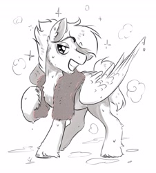 Size: 3710x4096 | Tagged: safe, artist:opalacorn, oc, oc only, pegasus, pony, commission, grayscale, grin, male, monochrome, simple background, smiling, solo, sparkles, stallion, towel, unshorn fetlocks, wet, white background