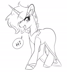 Size: 2780x3029 | Tagged: safe, artist:opalacorn, oc, oc only, pony, unicorn, black and white, clothes, commission, dialogue, dress, ear fluff, female, grayscale, lidded eyes, lineart, mare, monochrome, simple background, solo, speech bubble, white background
