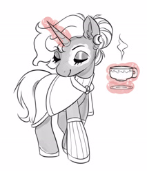 Size: 2454x2882 | Tagged: safe, artist:opalacorn, oc, oc only, pony, unicorn, cup, eyebrows, eyebrows visible through hair, eyes closed, female, levitation, magic, mare, monochrome, partial color, simple background, smiling, solo, teacup, telekinesis, white background