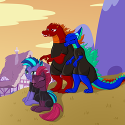 Size: 3015x3015 | Tagged: safe, artist:iamaveryrealperson, tempest shadow, oc, oc:breez waterlow, oc:noah firebreath, oc:vortex darkside, kaiju, pony, reptile, unicorn, g4, art request, bipedal, broken horn, canon x oc, clothes, cloud, eye scar, eyes closed, facial scar, female, grass, hill, horn, jumpsuit, looking at something, looking offscreen, male, mare, mountain, oc x oc, orange sky, ponyville, request, requested art, scales, scar, shipping, sitting, sky, smiling, spandex, stallion, standing, straight, sunset, teeth