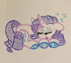 Size: 2048x1830 | Tagged: safe, artist:pink-pone, rarity, unicorn, g4, colored hooves, crayon drawing, eyelashes, eyes closed, eyeshadow, female, horn, lying down, makeup, mare, onomatopoeia, open mouth, prone, purple mane, purple tail, shiny hooves, sleeping, solo, sound effects, tail, traditional art, wavy mane, wavy tail, zzz